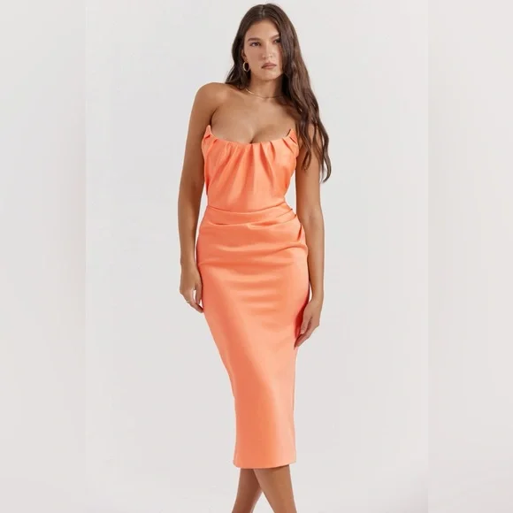 HOUSE OF CB ALORA TANGERINE STRAPLESS CORSET MIDI DRESS, Size Small,$255 - Picture 3 of 15